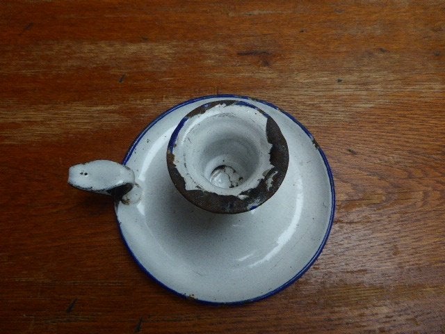 Antieke emaille kandelaar, blaker, Ophalen of Verzenden