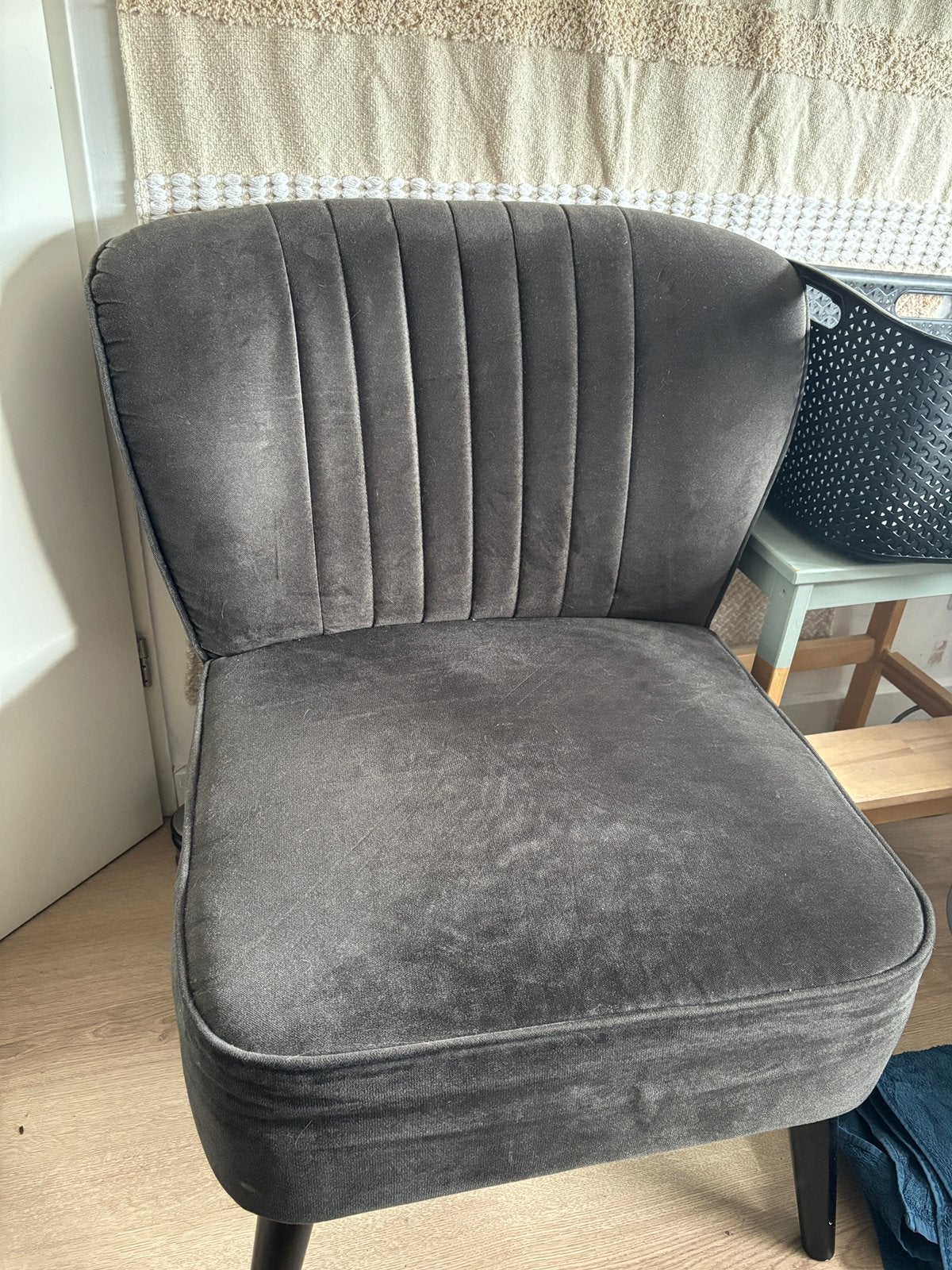 Liza fauteuil antraciet velours karwei velvet look, Ophalen, Gebruikt, Minder dan 75 cm, 50 tot 75 cm