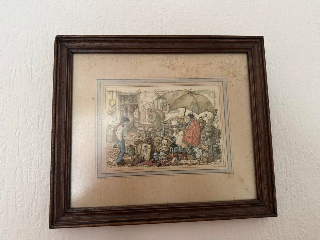Ingelijste Anton Pieck prent: 'De Rommelmarkt', Ophalen of Verzenden