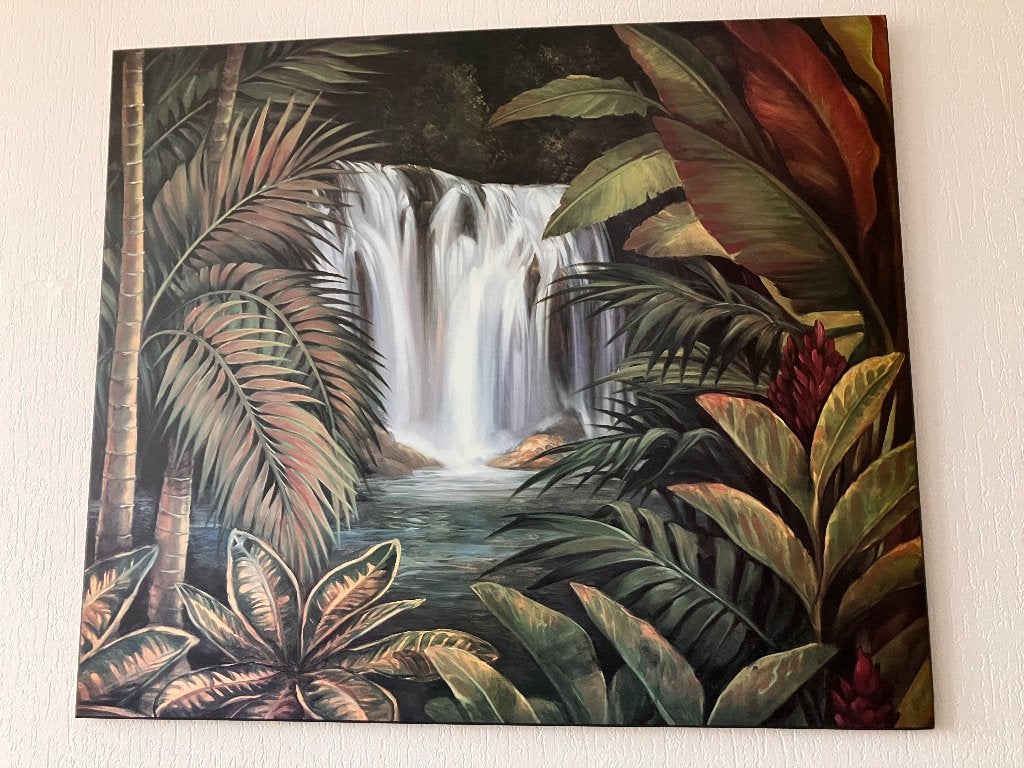 Schilderij met waterval en tropische planten, Ophalen, Doek, Realistisch, Landschap