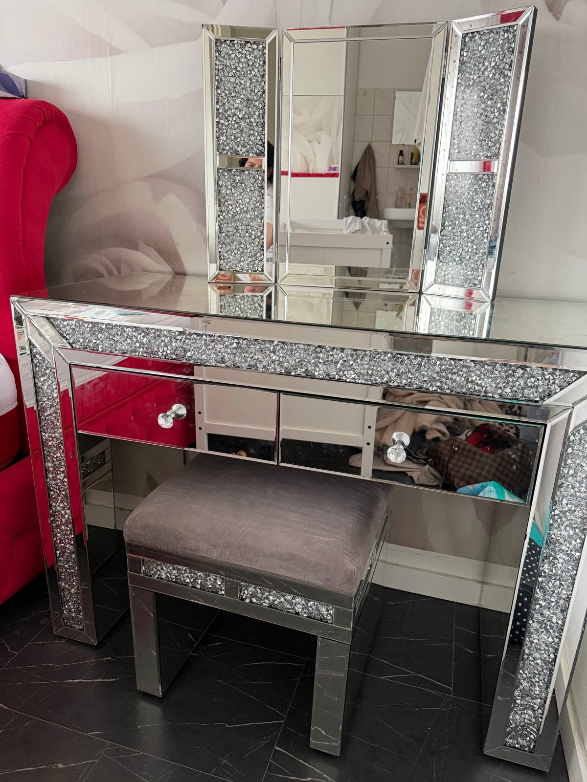 Luxe spiegel kaptafel met krukje, Huis en Inrichting, Tafels | Kaptafels, Gebruikt, 100 tot 150 cm, Glas, 50 tot 100 cm