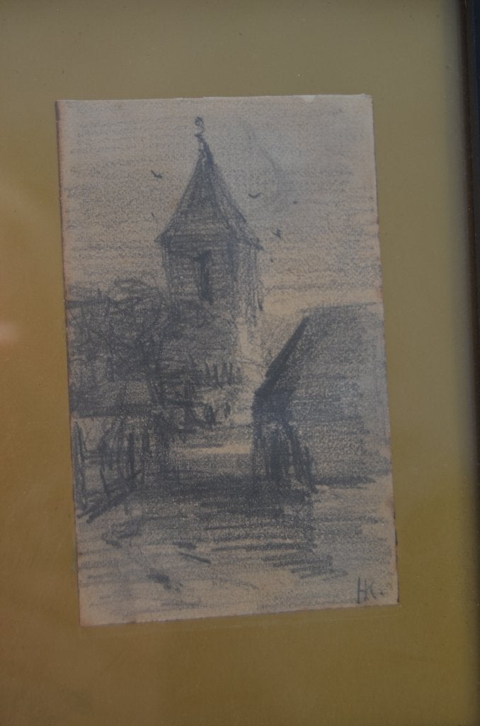 Kleine schets tekening van een kerkje, Gesign. 'HK, Antiek en Kunst, Kunst | Tekeningen en Foto's, Ophalen of Verzenden, Tekening