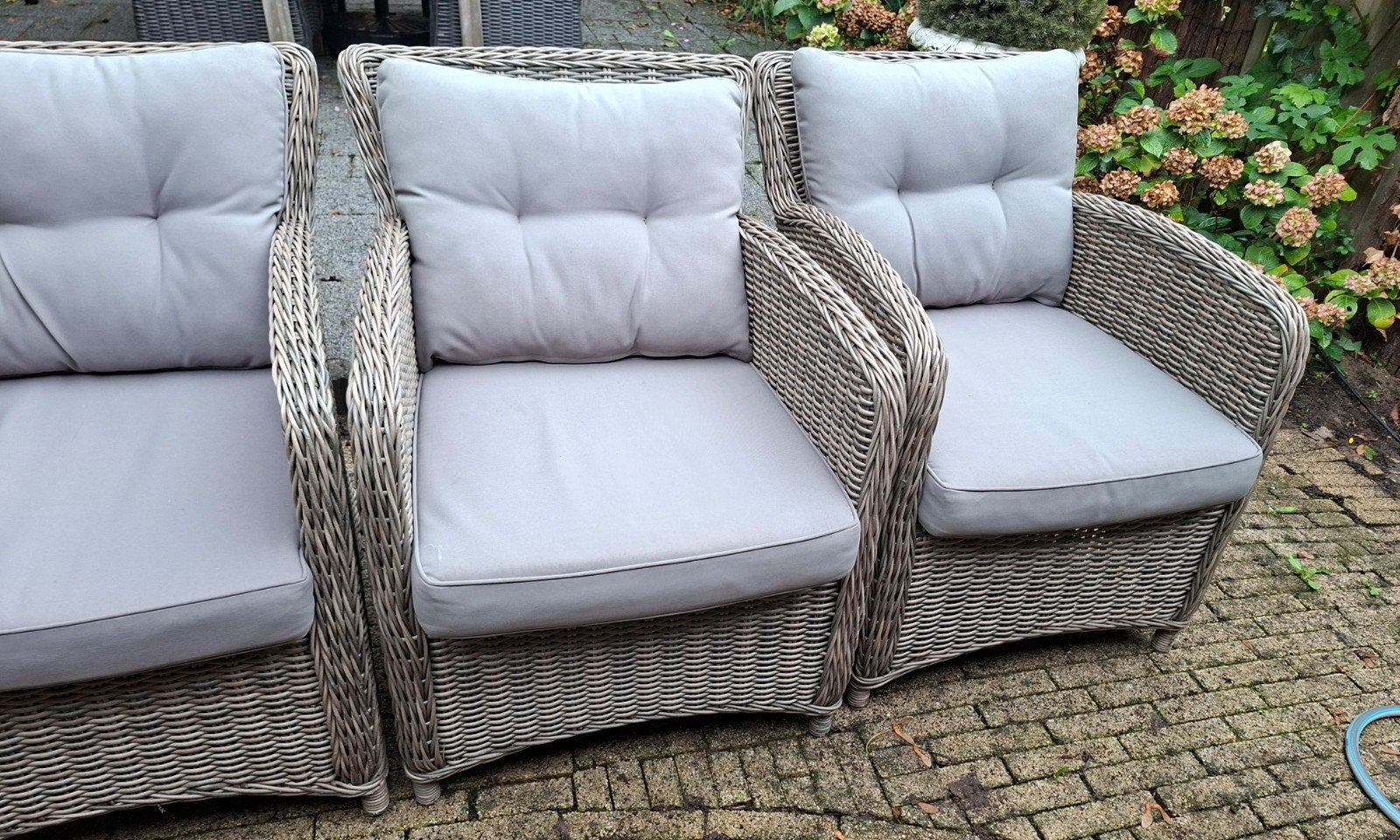 4 wicker tuinstoelen met kussens landelijke fauteuils, Tuin en Terras, Tuinstoelen, Ophalen, Gebruikt, Wicker