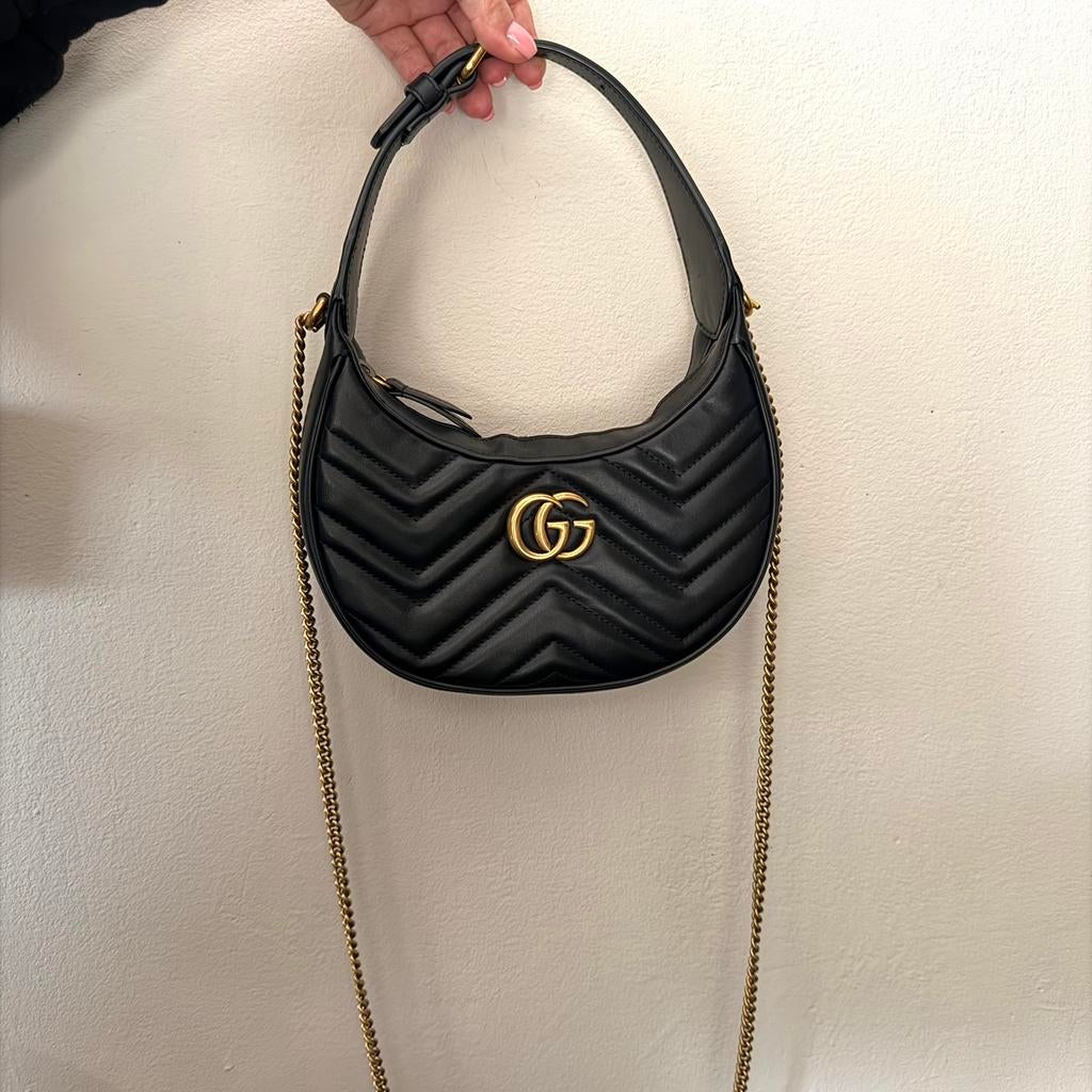 Gucci Half Moon Marmont met dustbag, Ophalen, Zo goed als nieuw, Zwart, Schoudertasje