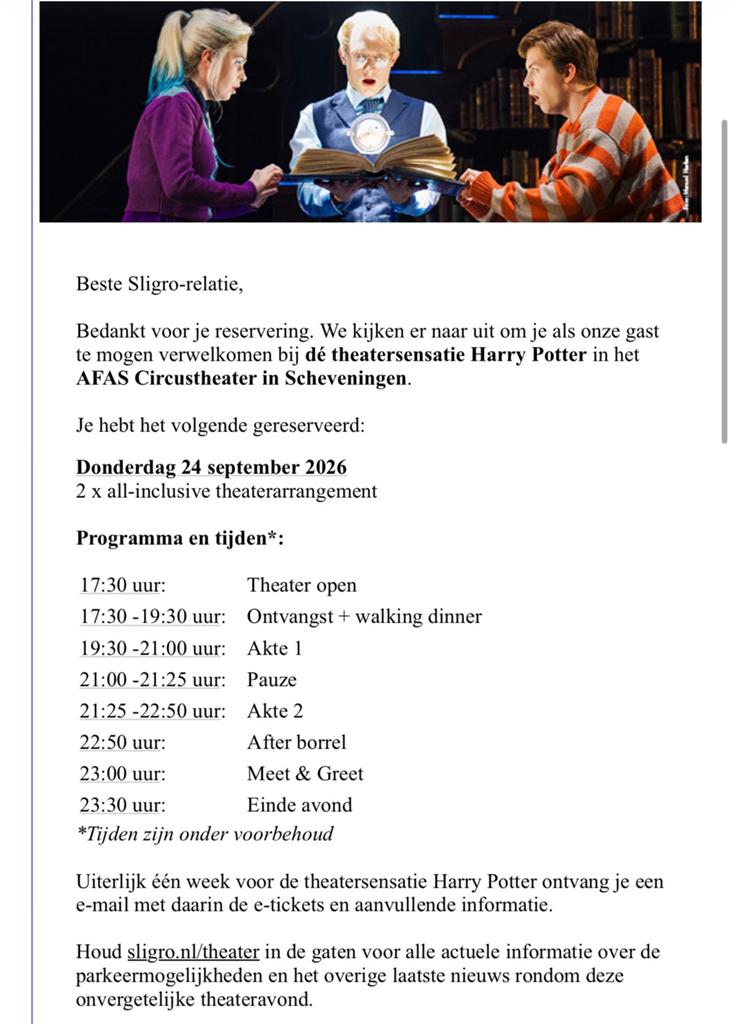 2x Harry Potter en het vervloekte kind x Sligro 24-09-2026, Tickets en Kaartjes, Twee personen, Maart, Arrangement