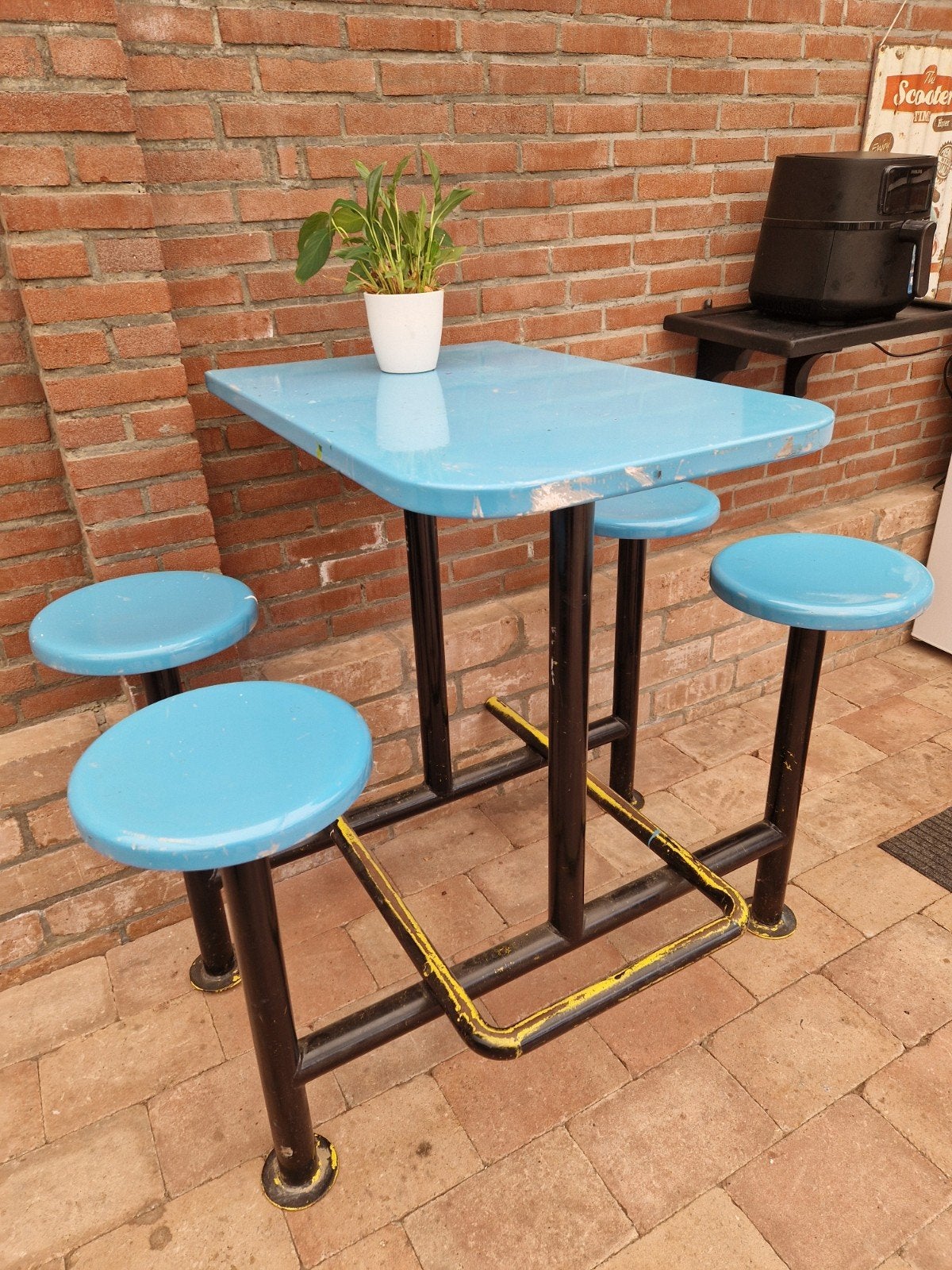 Vintage picknicktafel met 4 krukjes - Blauw/Zwart, Ophalen, Gebruikt, Rechthoekig, Overige materialen