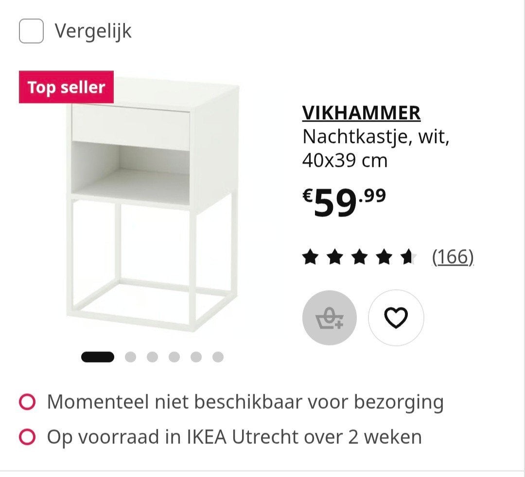 Nachtkastje wit Vikhammer te koop, in goede staat, Huis en Inrichting, Ophalen, Zo goed als nieuw, Minder dan 45 cm