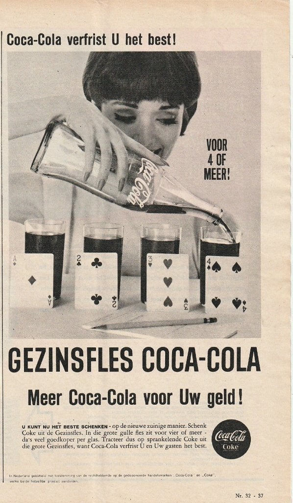 Retro reclame 1963 Coca-Cola frisdrank klavers harten, Verzenden, Overige typen