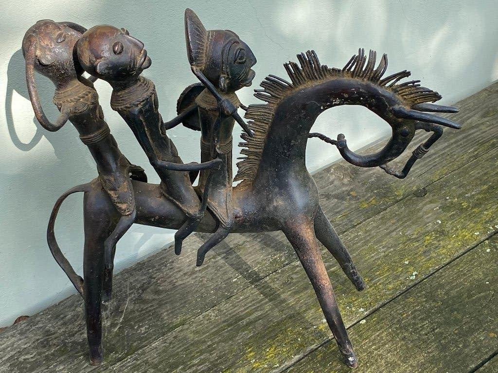 Groot bronzen beeld SAO SOCOTO, ruiters te paard, Antiek en Kunst, Ophalen, Bruin, Afrika, 42 cm