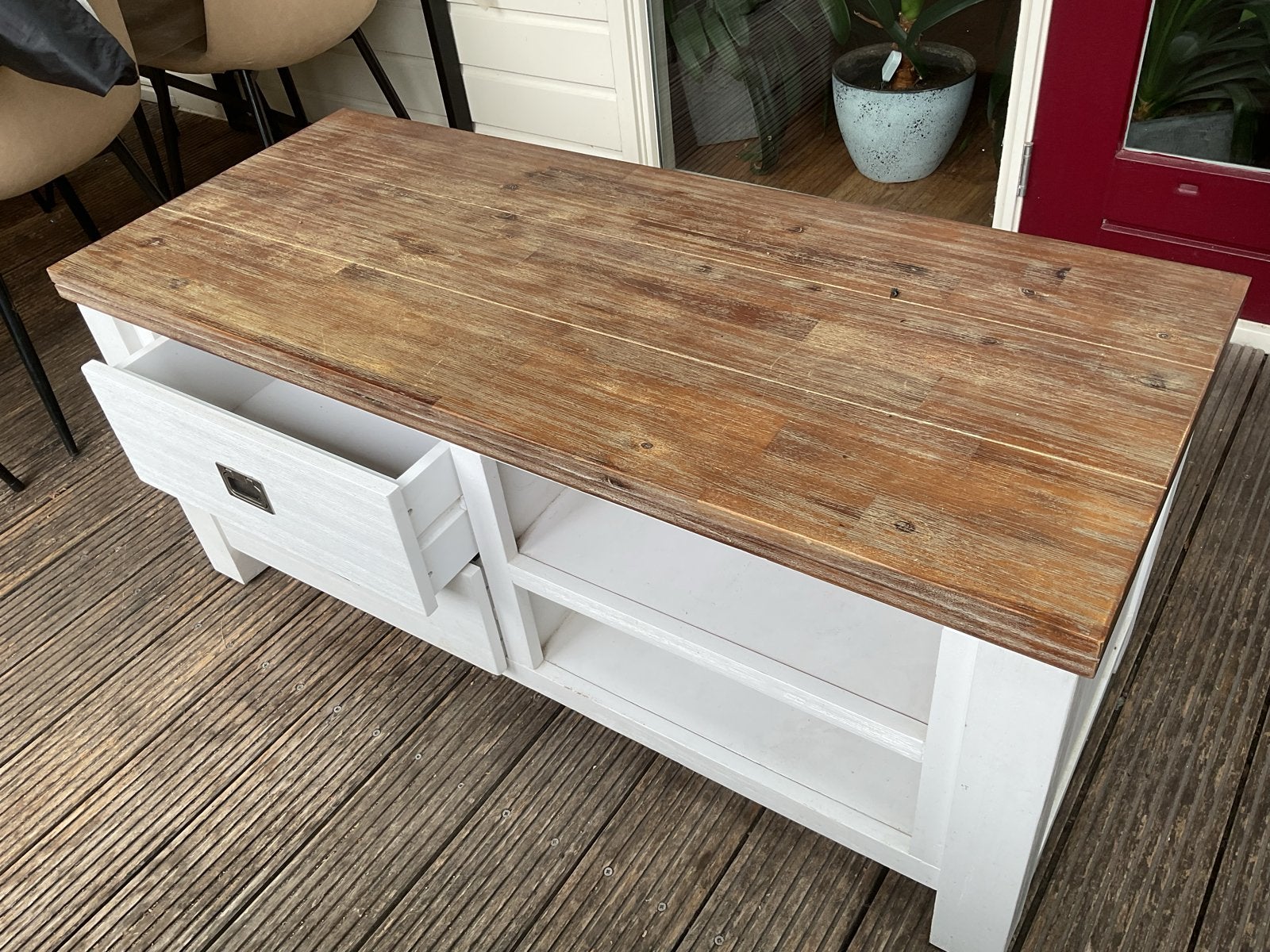Set van salontafel en tv meubel. Hout en wit, Ophalen, Gebruikt, 100 tot 150 cm, 50 tot 100 cm