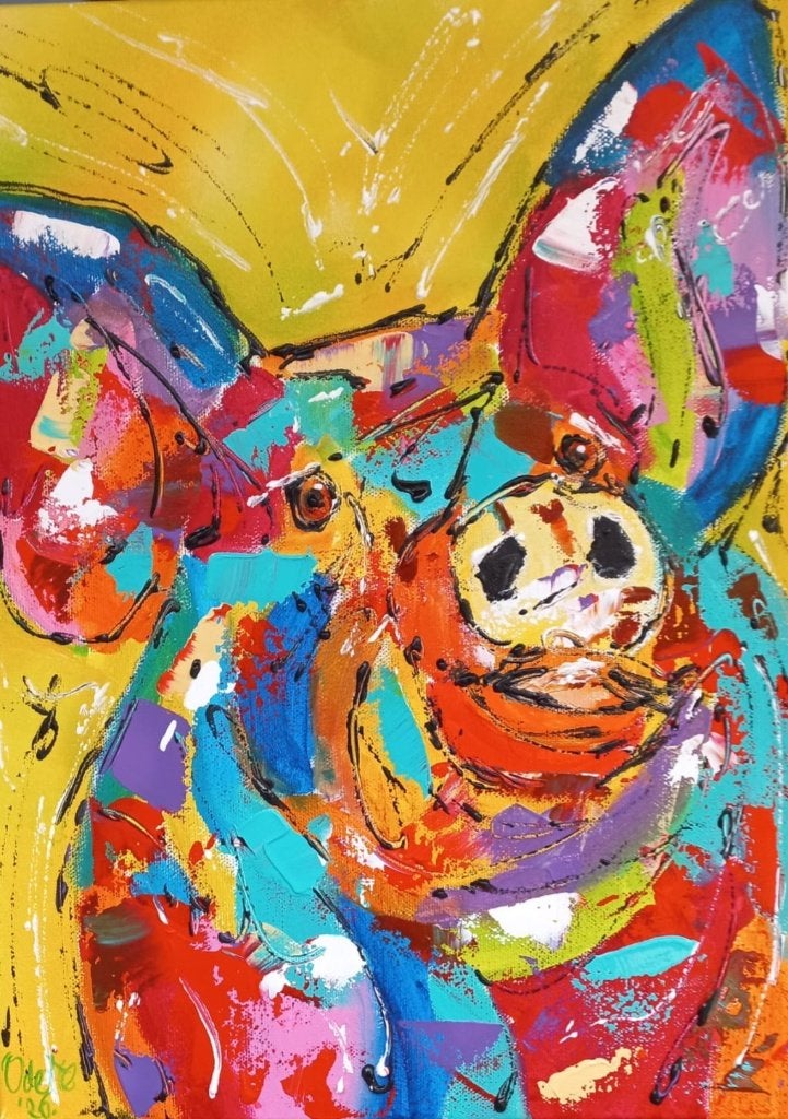 Schilderij met kleurrijk varkentje, Minder dan 50 cm, Nieuw, Ophalen of Verzenden, Schilderij