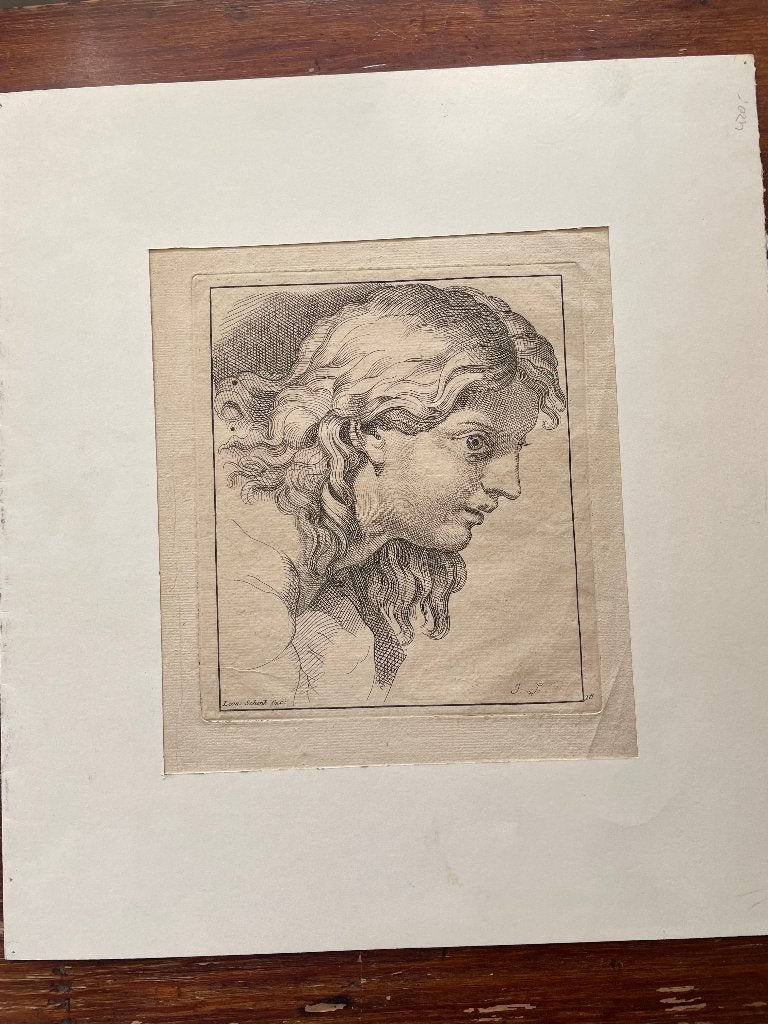 J.S. (Jan Schenk) studie mannenhoofd midden 18e eeuw, 1800 - 1899, Ets, Portret, 19 cm