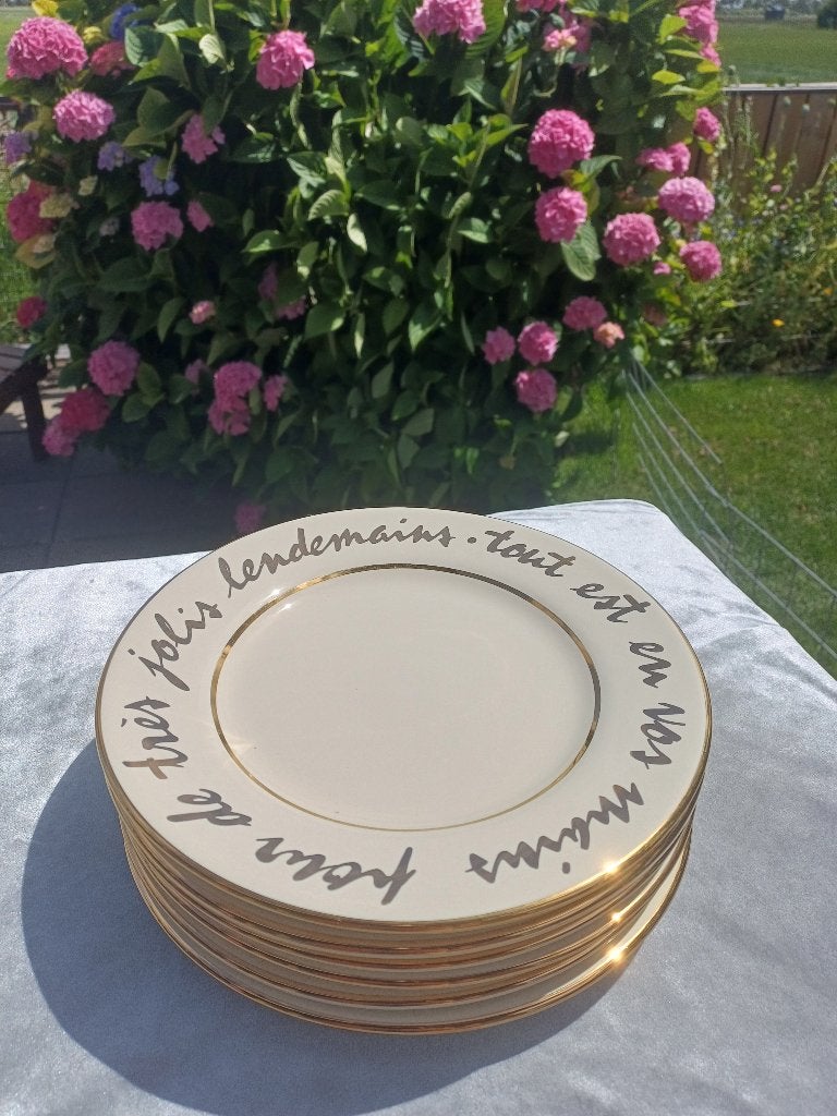 6 Puntgave Goud / Crème Borden diam. 21 cm voor € 30, Ophalen, Zo goed als nieuw, Bord(en), Overige stijlen
