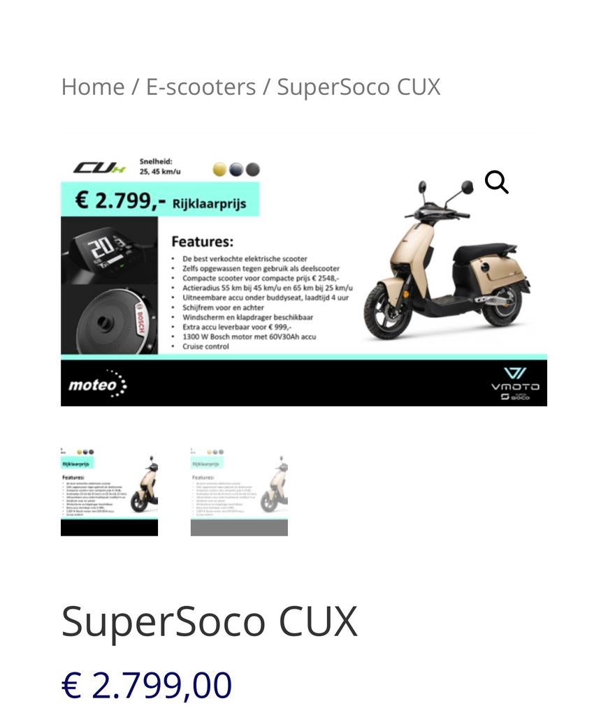 Super Soco CUX Elektrische Scooter nieuw 05/2025, Fietsen en Brommers, Snorfietsen en Snorscooters, Elektrisch, Nieuw, Ophalen