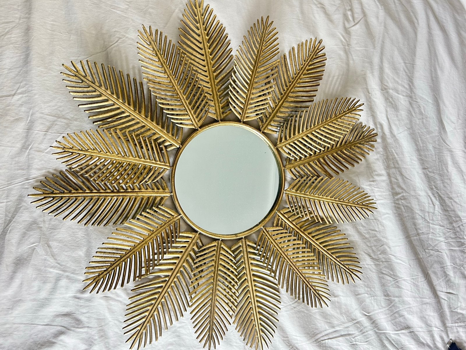 Gouden spiegel met palmblad design, Ophalen, Rond, Zo goed als nieuw, Minder dan 100 cm