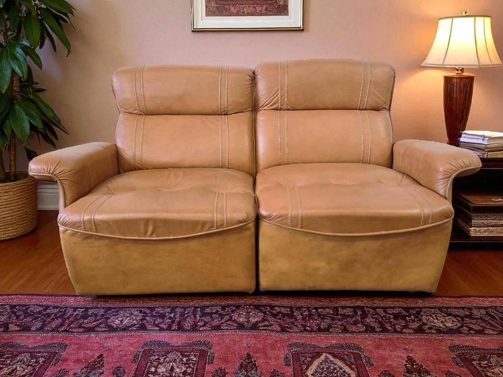 Vintage cognac lederen tweezit / zetel / canapé, Antiek en Kunst, Ophalen