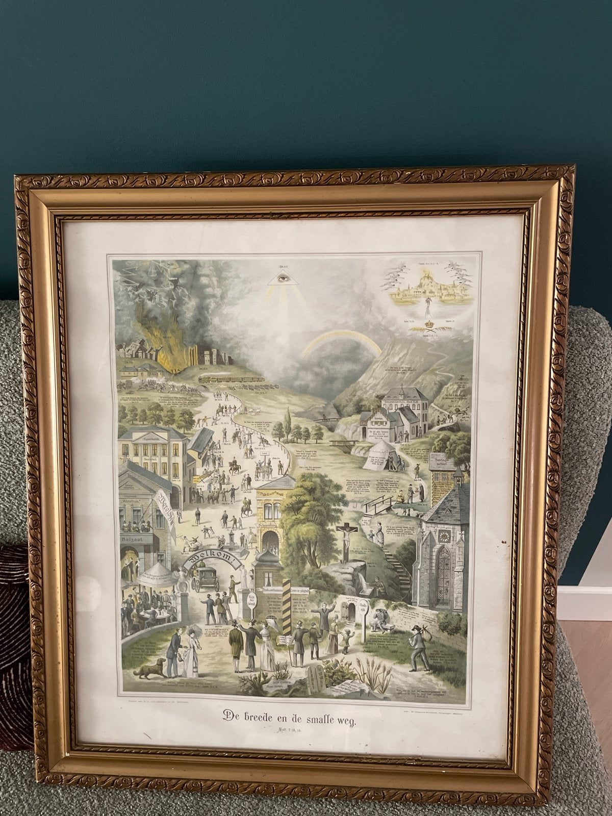 Antieke Religieuze Prent 'De Brede en Smalle Weg' - 19e Eeuw, Antiek en Kunst, Kunst | Tekeningen en Foto's, Ophalen, Print, Ingelijst