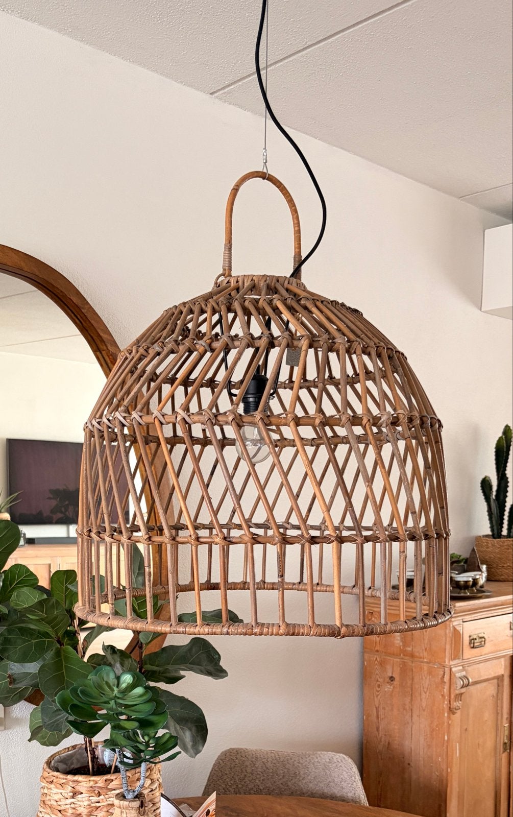 Rotan hanglamp - Boheemse stijl, Ophalen, Zo goed als nieuw, Natuurlijk materiaal, E27 (groot)