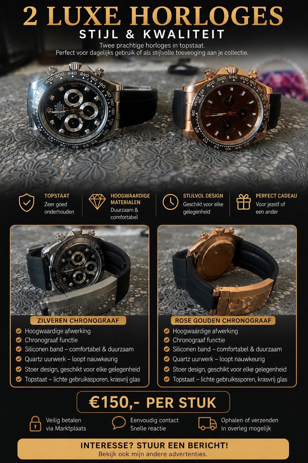 2 Luxe Horloges: Zilveren & Roségouden Chronograaf, Sieraden, Tassen en Uiterlijk, Horloges | Heren, Overige materialen, Polshorloge