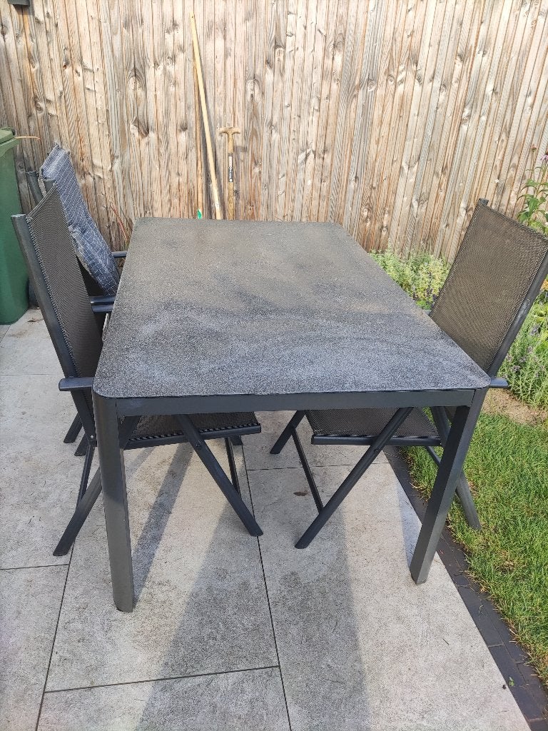 Tuinset Eettafel buiten (terras) met 4 stoelen en kussens, Tuin en Terras, Ophalen, Gebruikt, Rechthoekig, Aluminium
