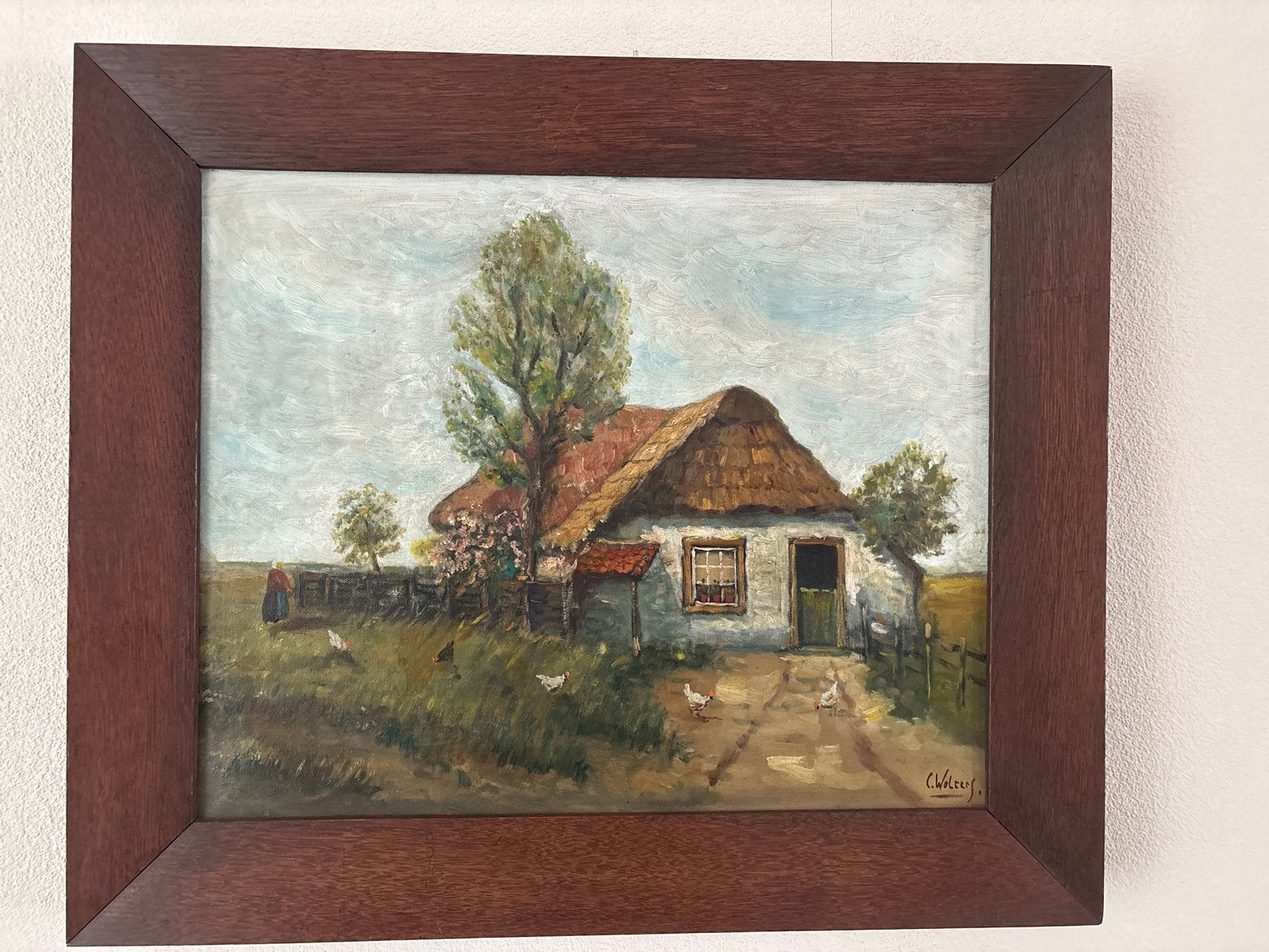 Olieverfschilderij: Landelijk tafereel met boerderij, Ophalen, Doek, Realistisch, Gesigneerd