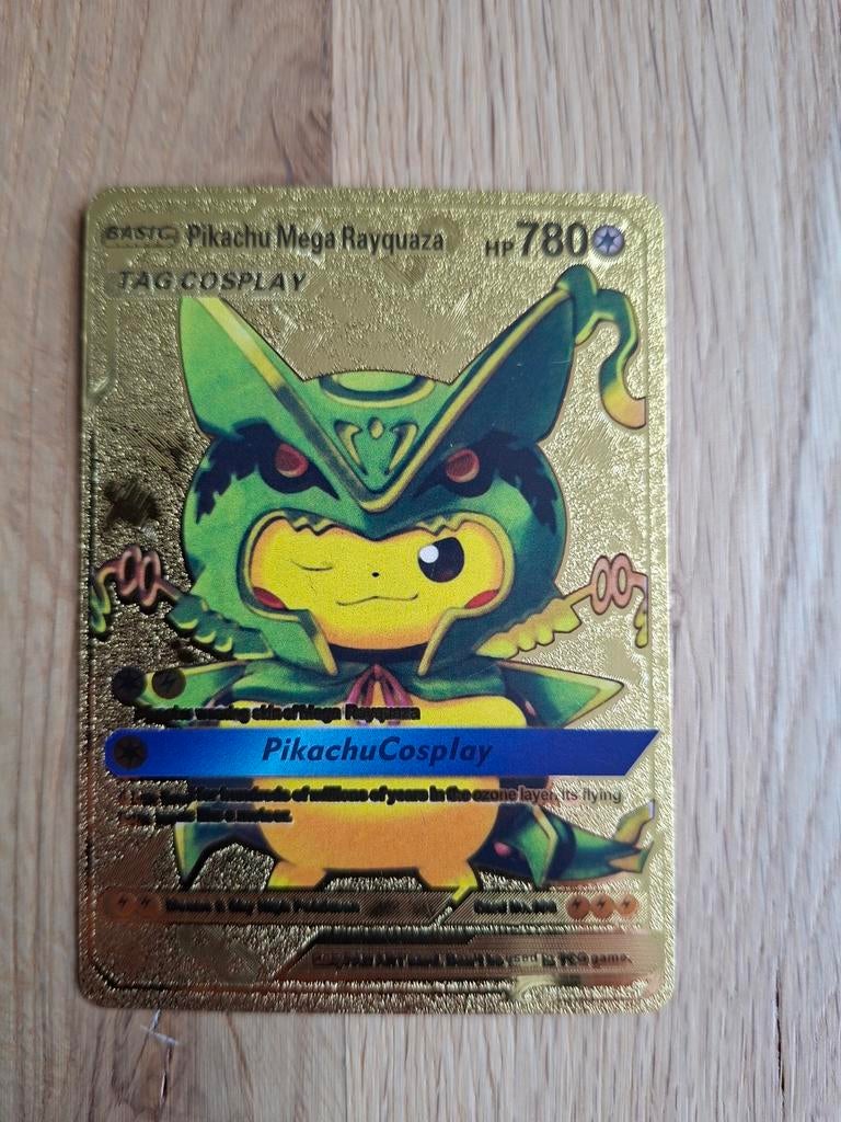 Pikachu Mega Rayquaza Gouden Pokémon Kaart, Ophalen of Verzenden, Zo goed als nieuw, Losse kaart, Foil