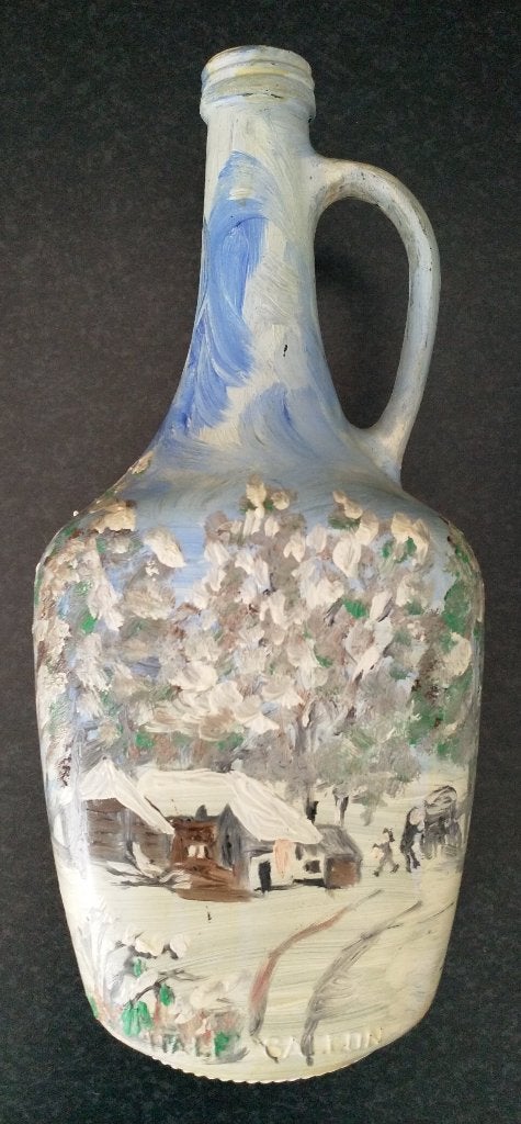 Beschilderde fles blauw / sneeuwlandschap / jaren 70 vintage, Blauw, Ophalen of Verzenden, Handgemaakt, Glas