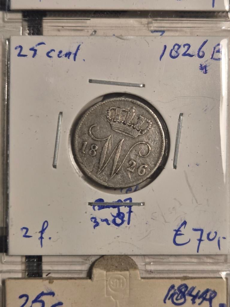 Zilveren 25 cent Willem I uit 1826B, Zilver, 25 cent, Ophalen of Verzenden, Koning Willem I