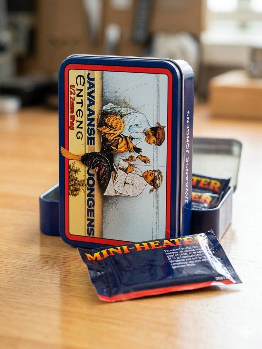 Vintage Javaanse Jongens Blikje met 4x DRUM Mini-Heater, Verzamelen, Ophalen, Zo goed als nieuw, Overige, Overige merken