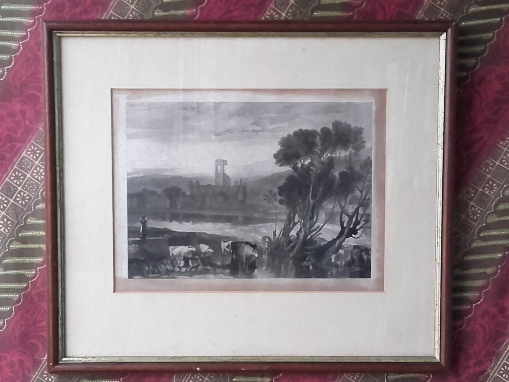 Antieke ingelijste gravure uit Engeland van Kirkshall abbey., 1800 - 1899, Ophalen of Verzenden, Gravure, Landschap