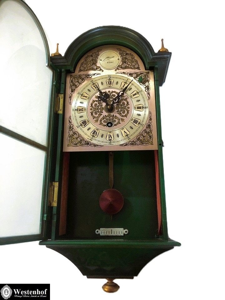 Vintage klok - wandklok art deco met slinger - groen goud, Verzenden
