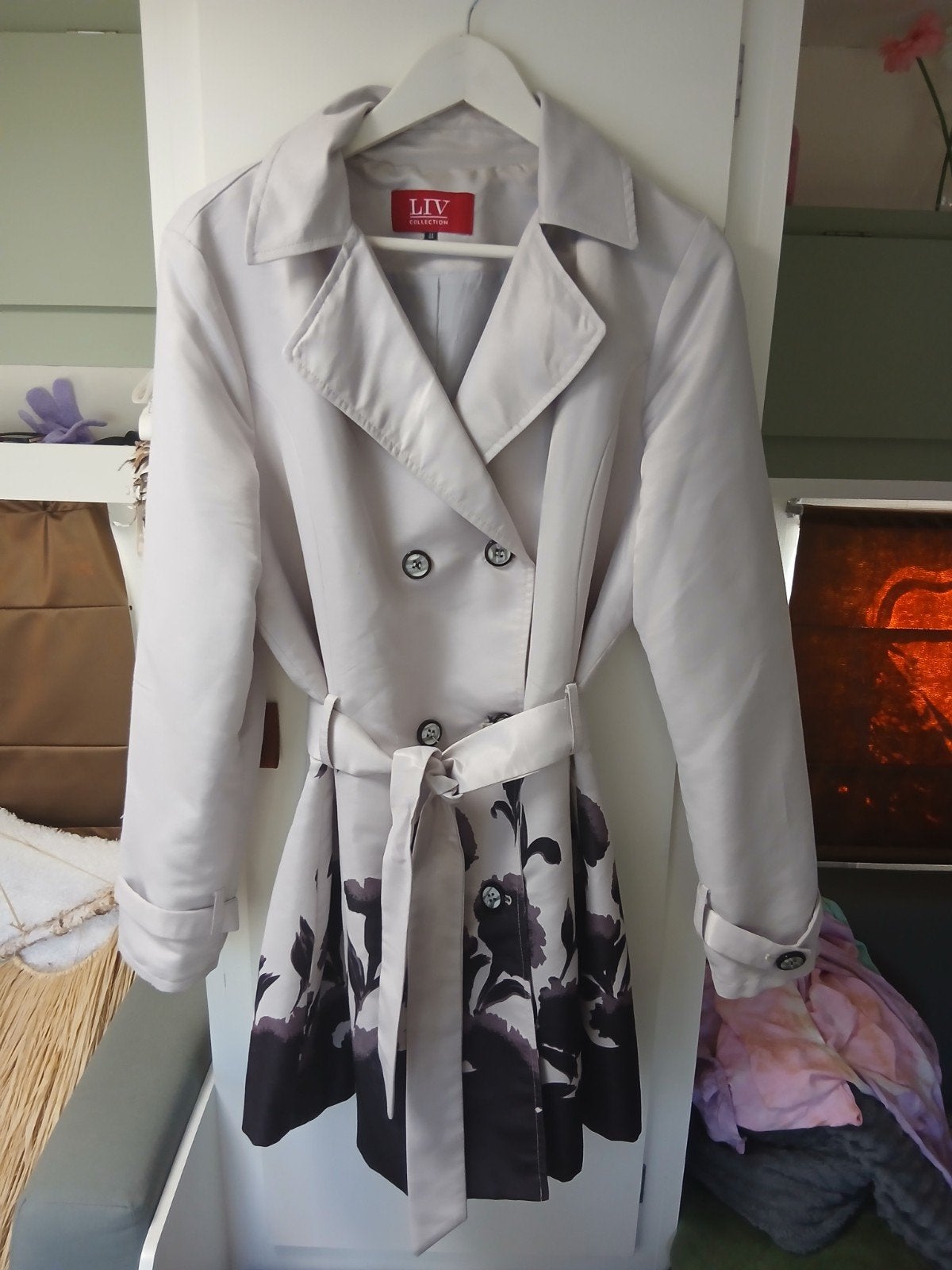LIV Collection Trenchcoat met bloemenprint, Beige, Maat 42/44 (L), Ophalen of Verzenden, Zo goed als nieuw