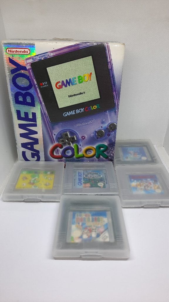 Nintendo GameBoy Color Atomic Purple Clear + 5 Spelen + Tas, Ophalen of Verzenden, Gebruikt, Game Boy Color, Met beschermhoes of tas