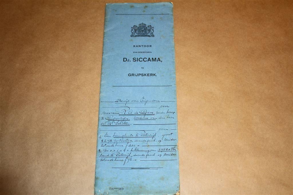 Oude oorkonde notaris Siccama Grijpskerk 1934, Boeken, Ophalen of Verzenden, Gelezen