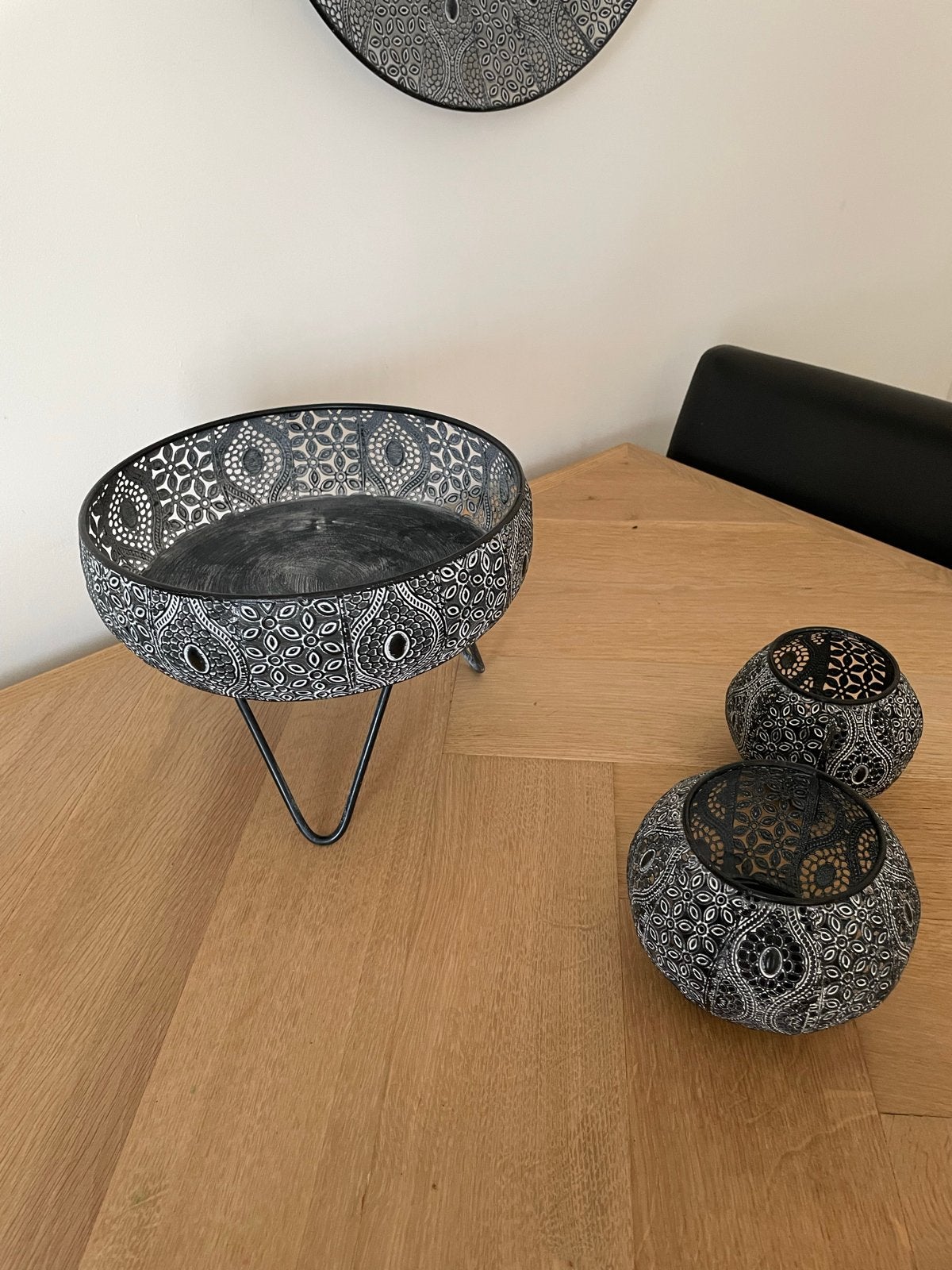 Decoratieve wandborden, schaal en theelichthouders set, Huis en Inrichting, Ophalen, Zwart, Metaal, Oosters