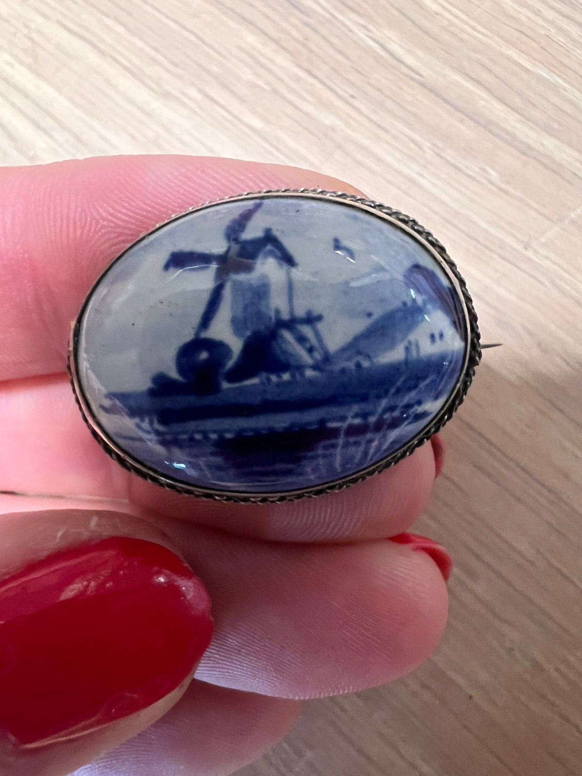 Prachtige Vintage Delfts Blauwe Broche  (Zilveren Rand), D, Blauw, Ophalen of Verzenden, Zo goed als nieuw