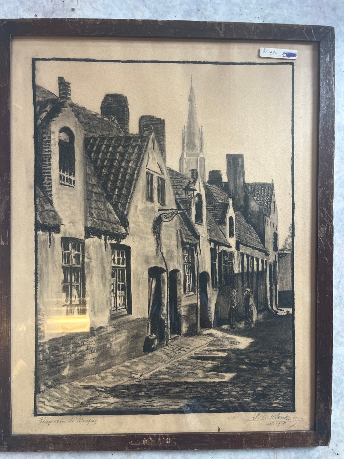 Vintage houtskooltekening 'Vieux coin de Bruges' (1945), Ophalen