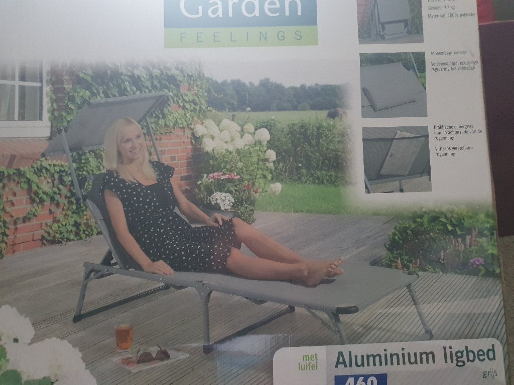 Aluminium ligbed met luifel - Garden Feelings, Ophalen, Zo goed als nieuw, Aluminium, Inklapbaar