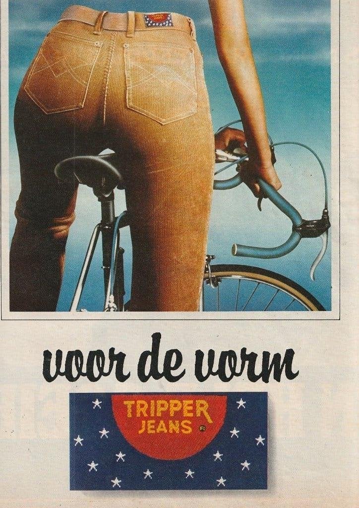 Retro reclame 1978 Tripper Jeans spijkerbroeken op fiets, Verzenden, Overige typen