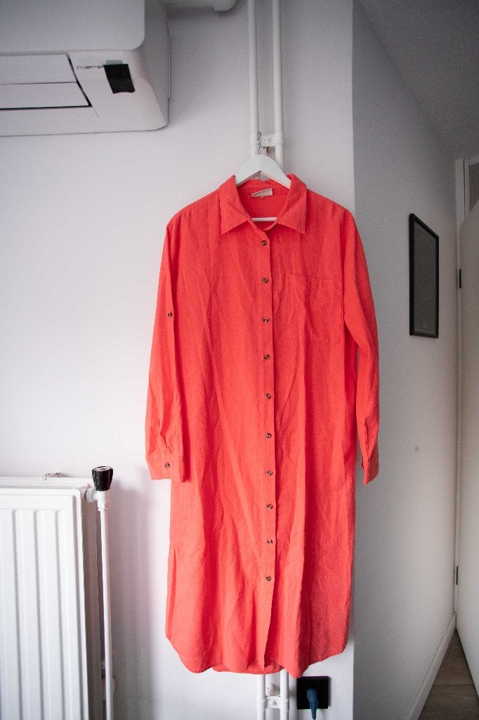 Oranje/roze linnen jurk Freequent maat L, Kleding | Dames, Jurken, Freequent, Maat 42/44 (L), Oranje, Ophalen of Verzenden