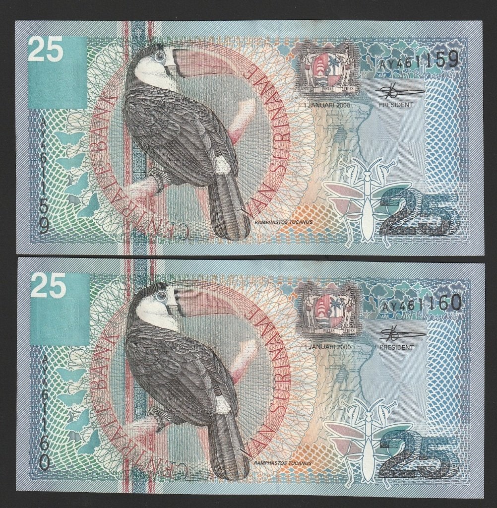 2x 25 gld 2000 suriname prachtige exemplaren opvolgend, Postzegels en Munten, Bankbiljetten | Amerika, Ophalen of Verzenden, Zuid-Amerika