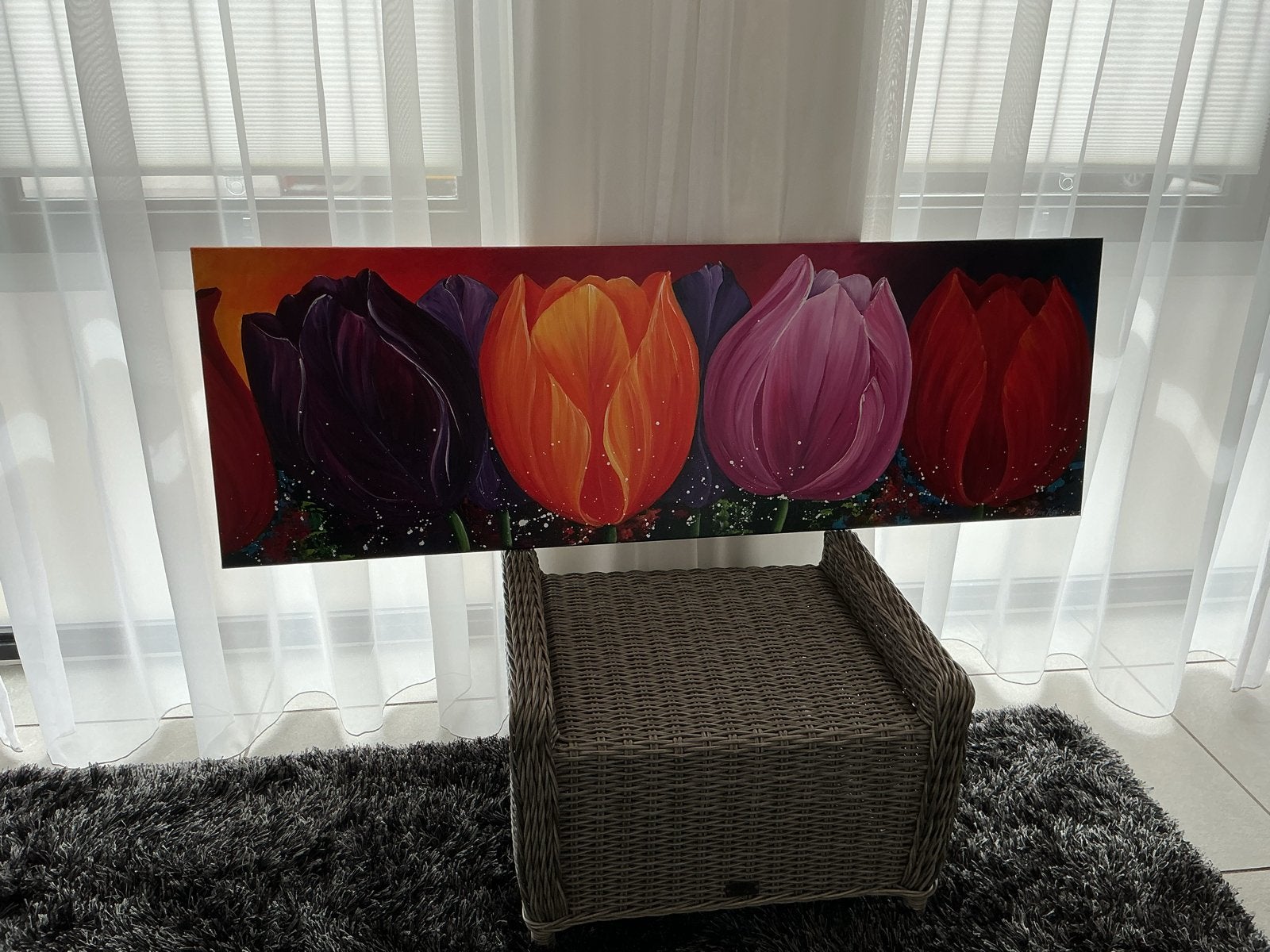 Tulpen schilderij met prachtige kleuren - 1.50 x 50 cm, Ophalen of Verzenden