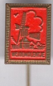 Weidemolen rood op koper speldje ( W_085a), Verzenden, Zo goed als nieuw, Stad of Land, Speldje of Pin