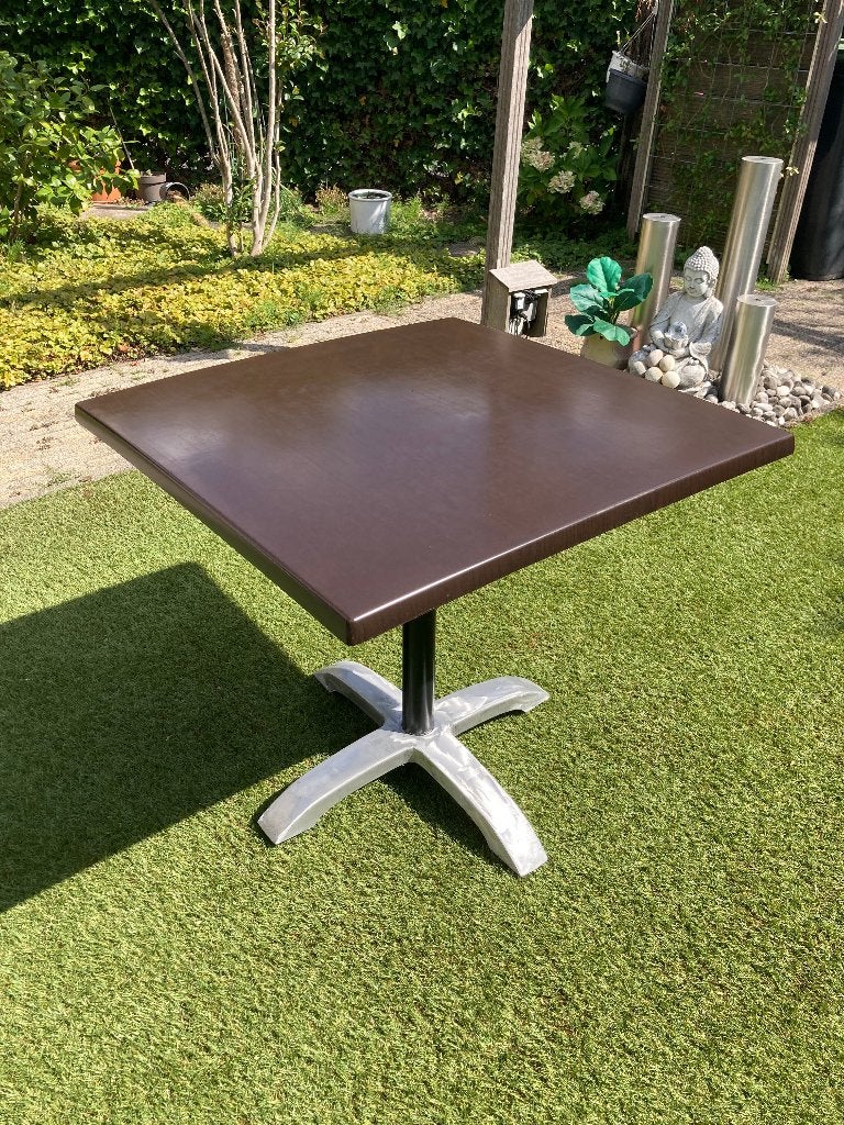 Stevige Terrastafel 80x80 cm | Donkerbruin met Kruispoot, Ophalen, Gebruikt, Vierkant, Metaal