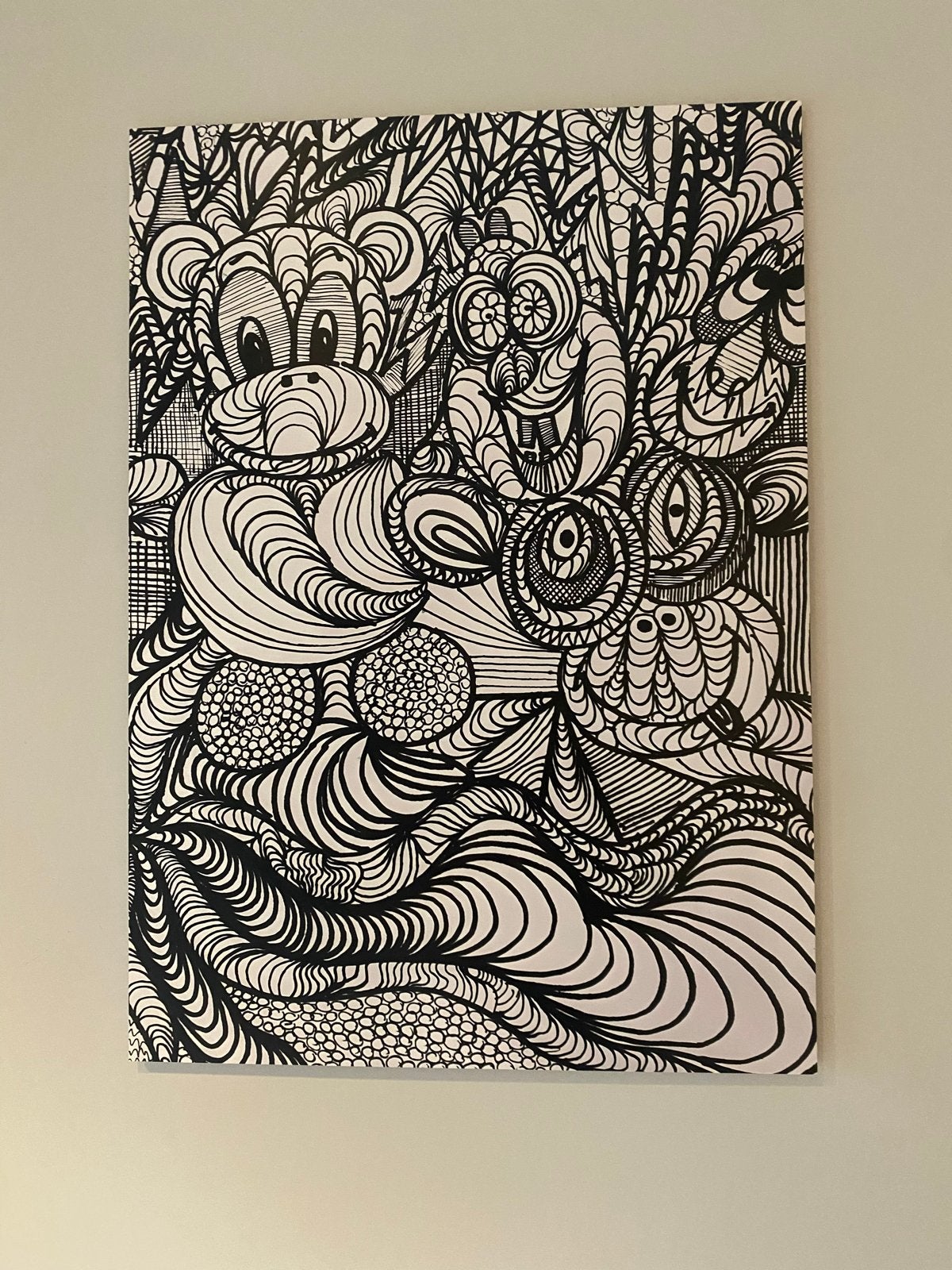 Abstracte Zwart-Wit Canvas, Antiek en Kunst, Kunst | Schilderijen | Modern, Acrylverf, Handgeschilderd, Ophalen of Verzenden, Stripfiguren/cartoons