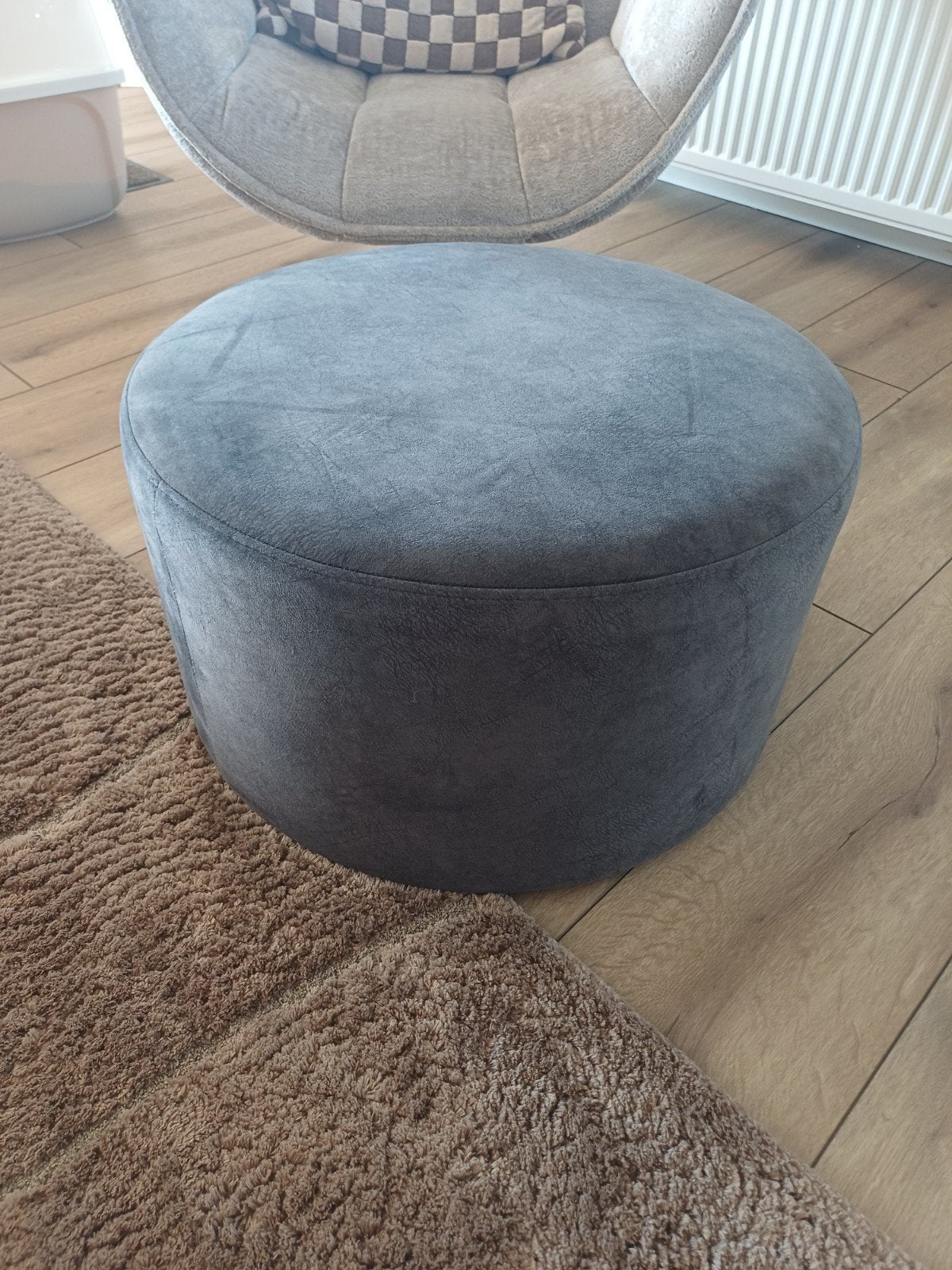 Velours Hocker Antraciet - Rond (Ø 60 cm, H 34 cm), Ophalen, Gebruikt, Rond, Stof