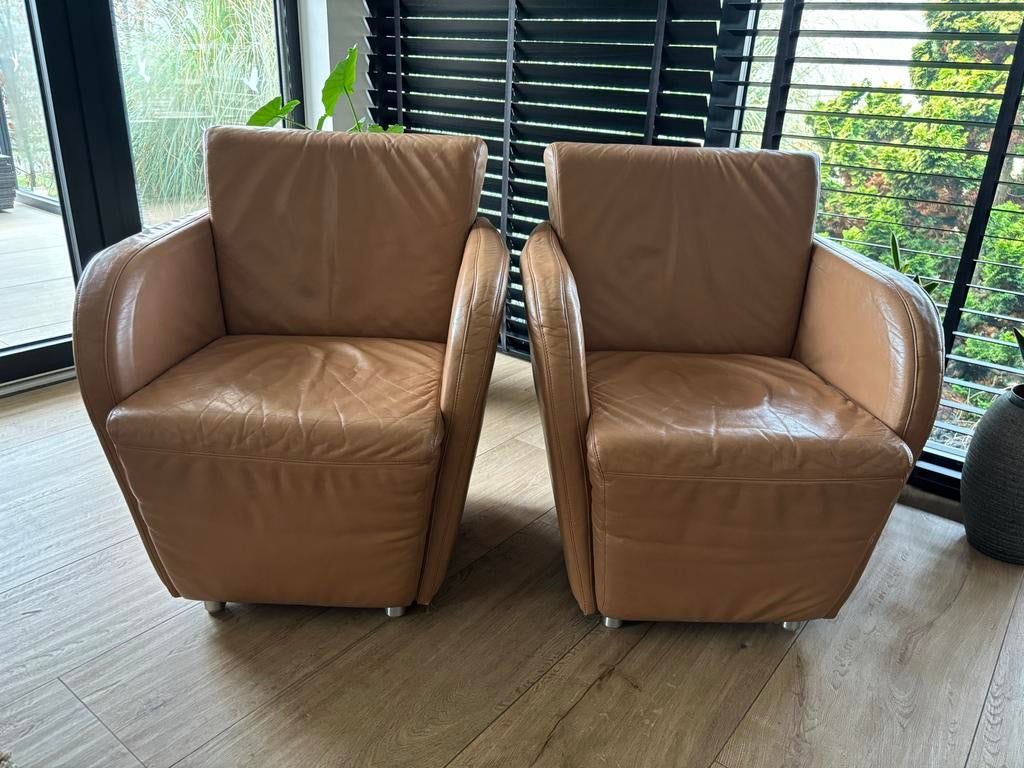 2 Lederen Fauteuils - Camel/Caramel met RVS Poten, Ophalen, Gebruikt, Minder dan 75 cm, Leer