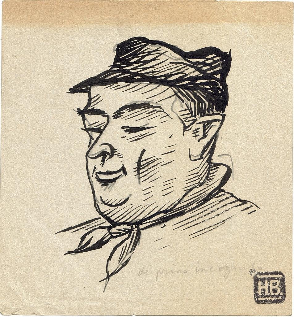 Herman Bieling pentekening / potlood "De Prins Incognito", Antiek en Kunst, Ophalen