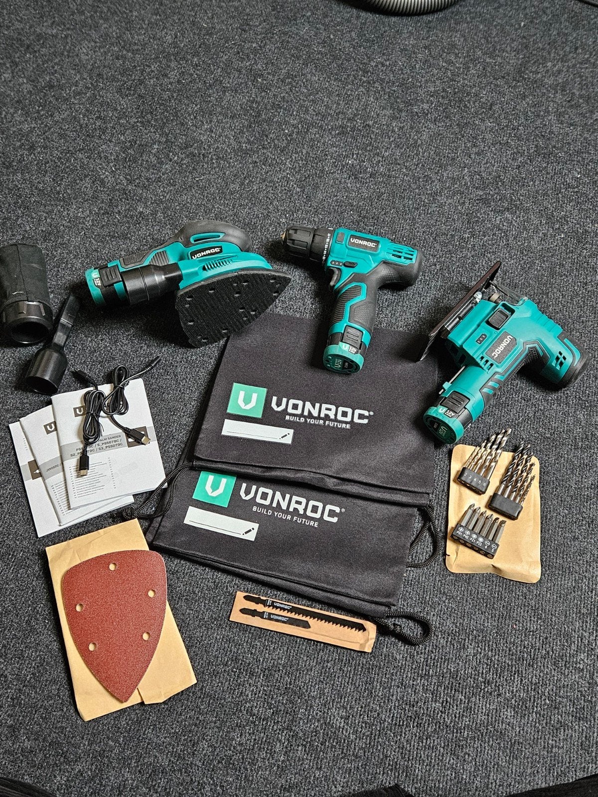 VONROC 12V Gereedschapset: Boormachine, Schuurmachine, Zaag, Ophalen