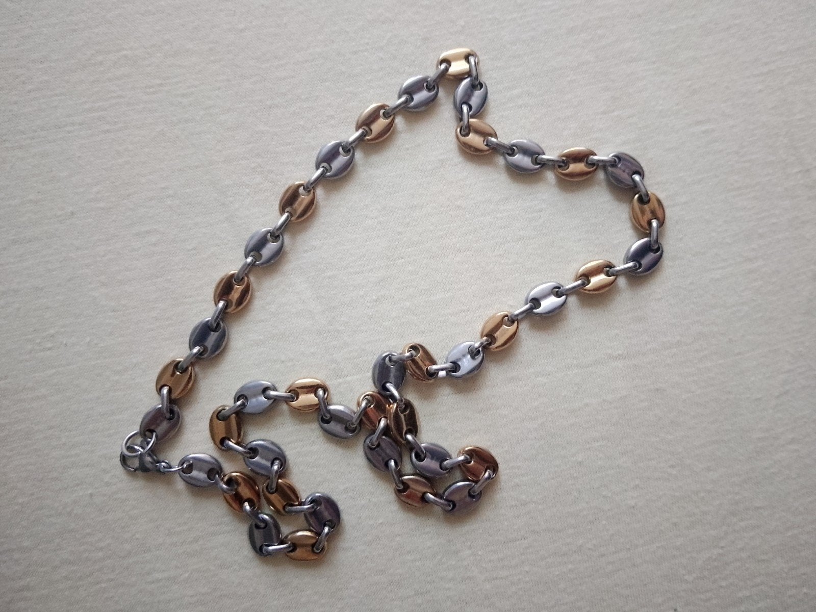 Stalen ketting, bicolor, koffieboon schakel, Ophalen, Zo goed als nieuw, Overige kleuren, Overige materialen